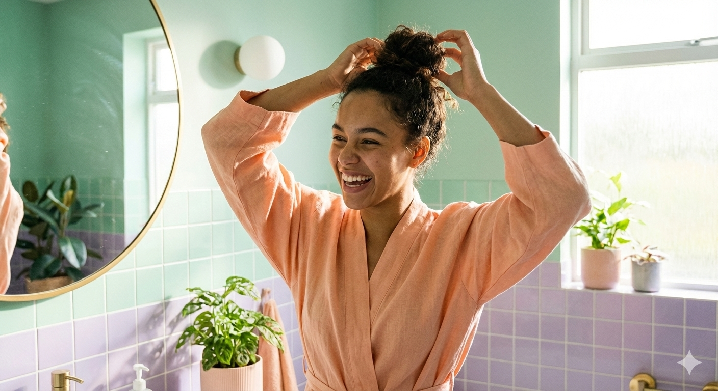 Jeune femme assise dans une baignoire dans une salle de bain rétro bleue, ambiance éditoriale beauté.